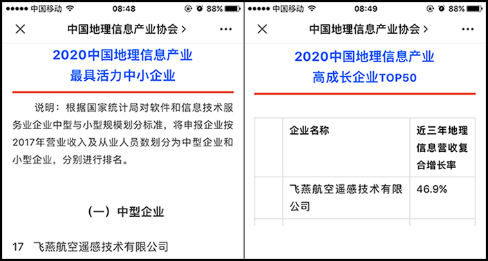 喜訊丨飛燕遙感榮獲2020中國地理信息產業(yè)最具活力中型企業(yè)榮譽稱號，榮耀入選2020中國地理信息產業(yè)高成長企業(yè)TOP50！
